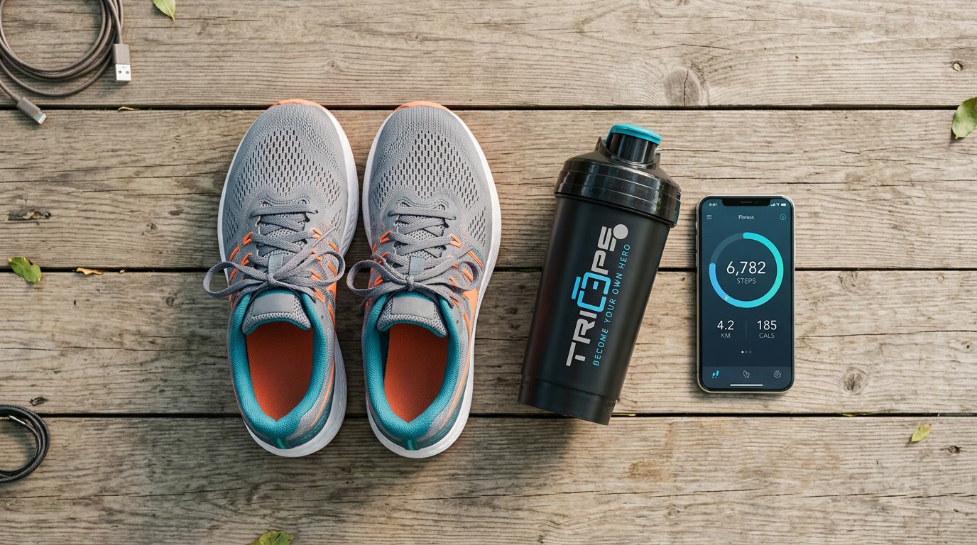 Laufschuhe, Triceps-Shaker und Smartphone mit Schrittzähler – Ausdauer im Alltag verbessern