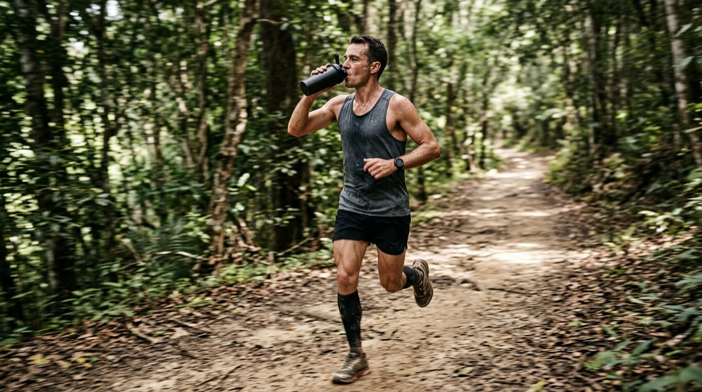 Athletischer Läufer beim Trailrunning im Wald trinkt aus der Flasche – Ausdauer richtig trainieren
