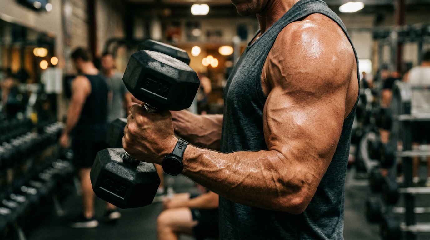 Nahaufnahme eines muskulösen Arms beim Bizeps-Curl mit der Hantel – Muskelpump und Pump-Gefühl