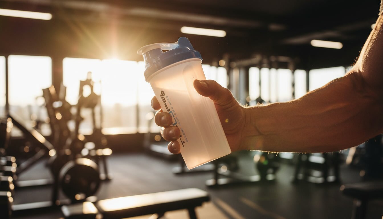 Athlet hält einen weißen Protein-Shaker in einem modernen Fitnessstudio bei Sonnenaufgang nach dem Training.