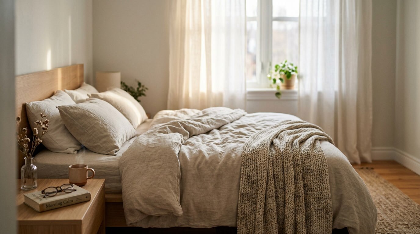 Ruhiges Schlafzimmer bei weichem Morgenlicht – Erholung und Regeneration nach dem Training