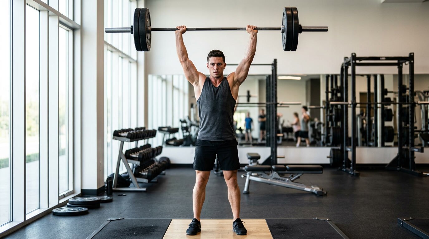 Mann macht Schulterdrücken mit der Langhantel im Fitnessstudio – realistisches Tempo beim Muskelaufbau