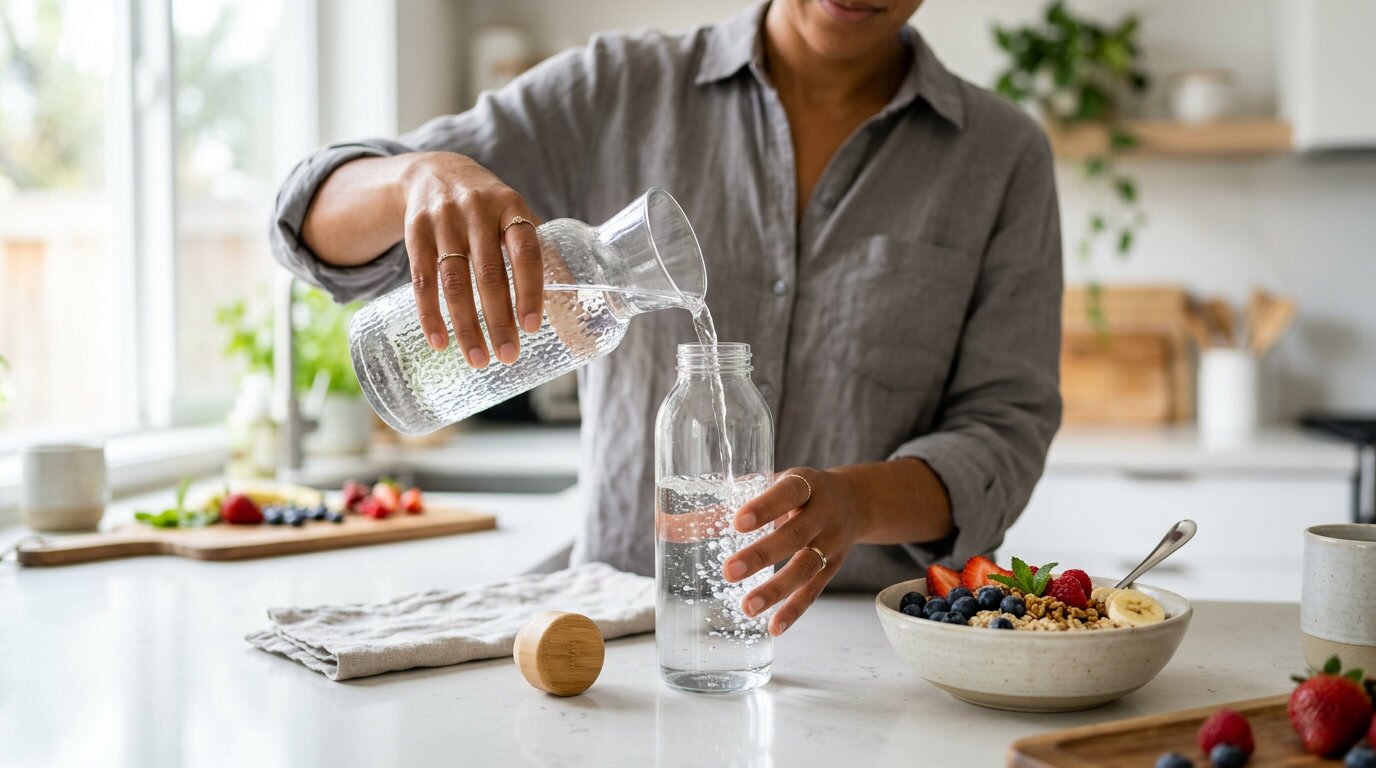 Person schenkt Wasser in ein Glas – ausreichend trinken für mehr Energie im Alltag