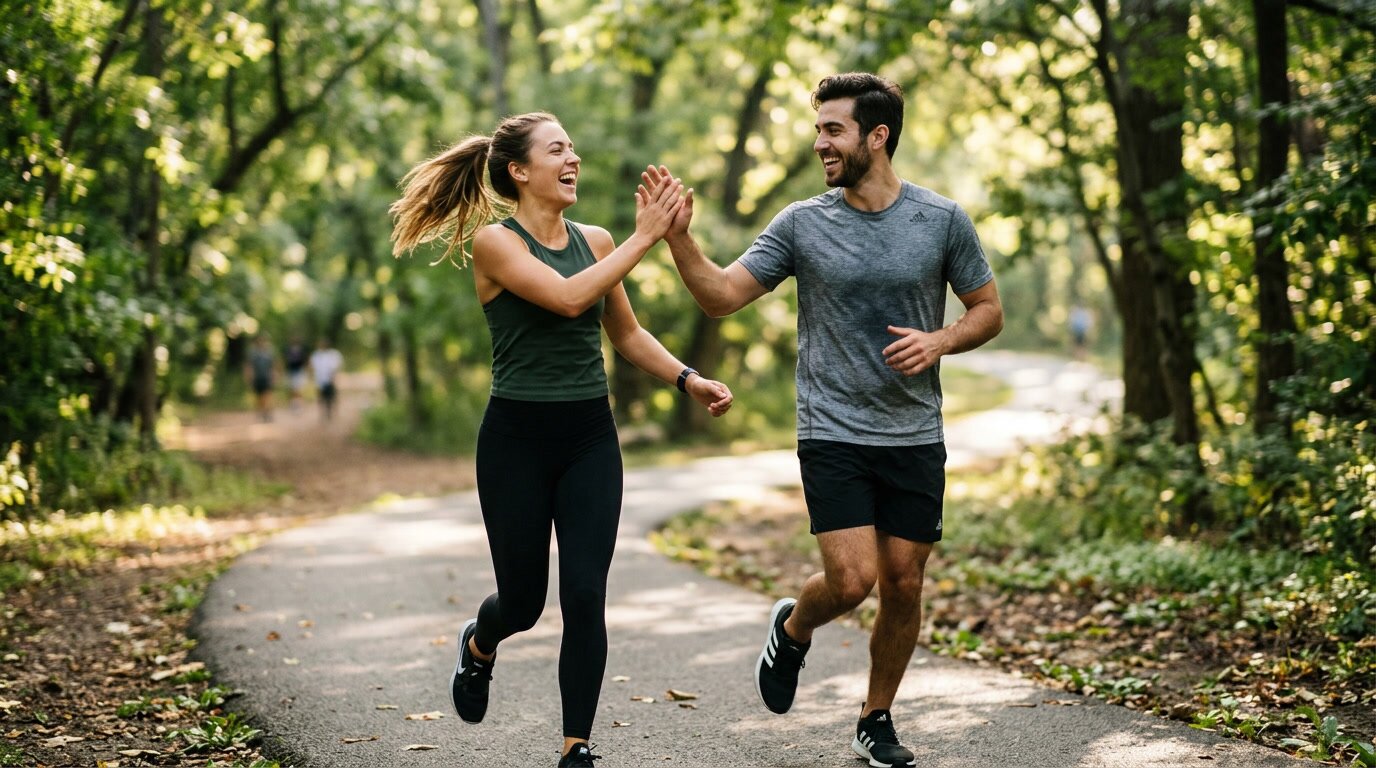 Joggen im Wald – sportliches Paar beim High-Five für mehr Energie und Fokus beim Training