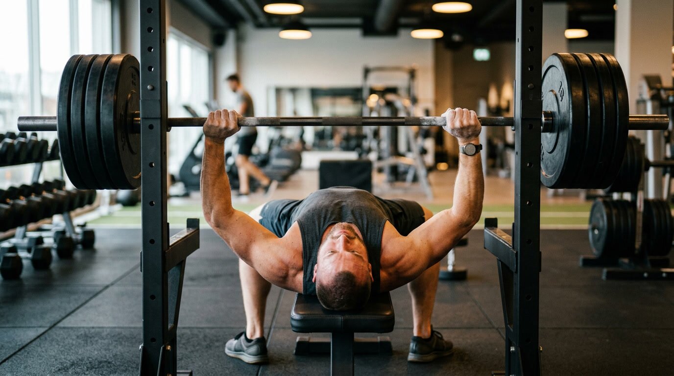 Athlet beim Bankdrücken mit der Langhantel im Fitnessstudio – Grundübung für den Kraftaufbau