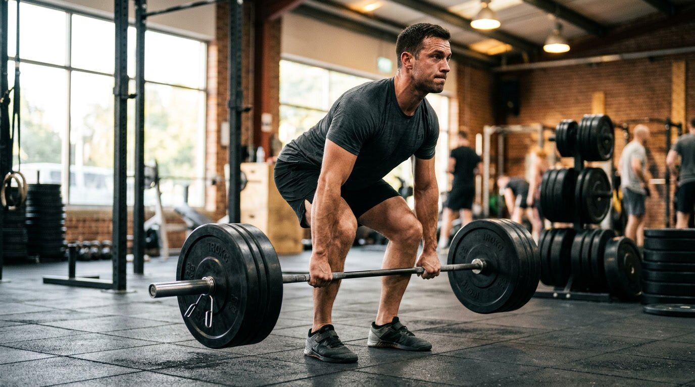 Athlet führt Kreuzheben mit der Langhantel im Fitnessstudio aus – Grundübung für den Kraftaufbau