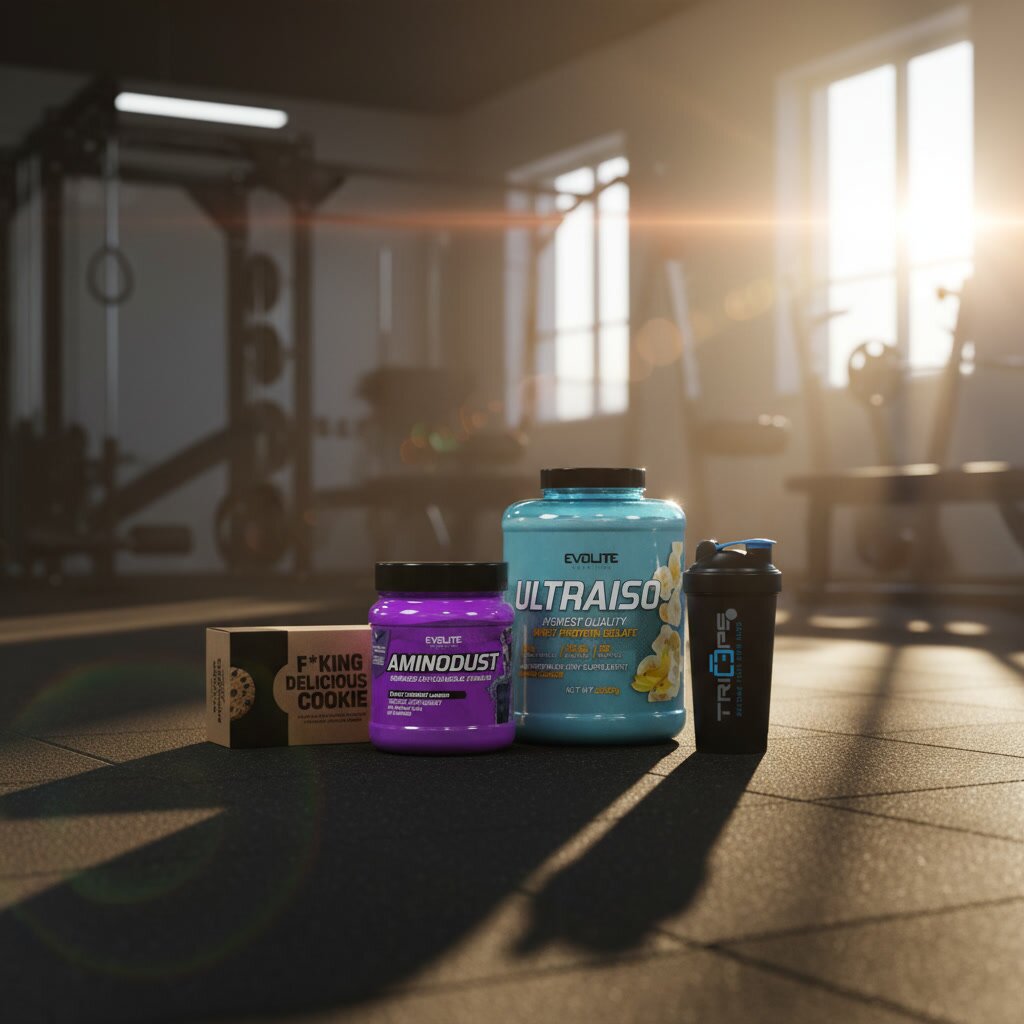 Triceps.AT Produktsortiment im Gym – Evolite UltraISO Whey Protein, Evolite AminoDust, F*king Delicious Cookie und Triceps Shaker auf Gym-Boden mit Sonnenlicht