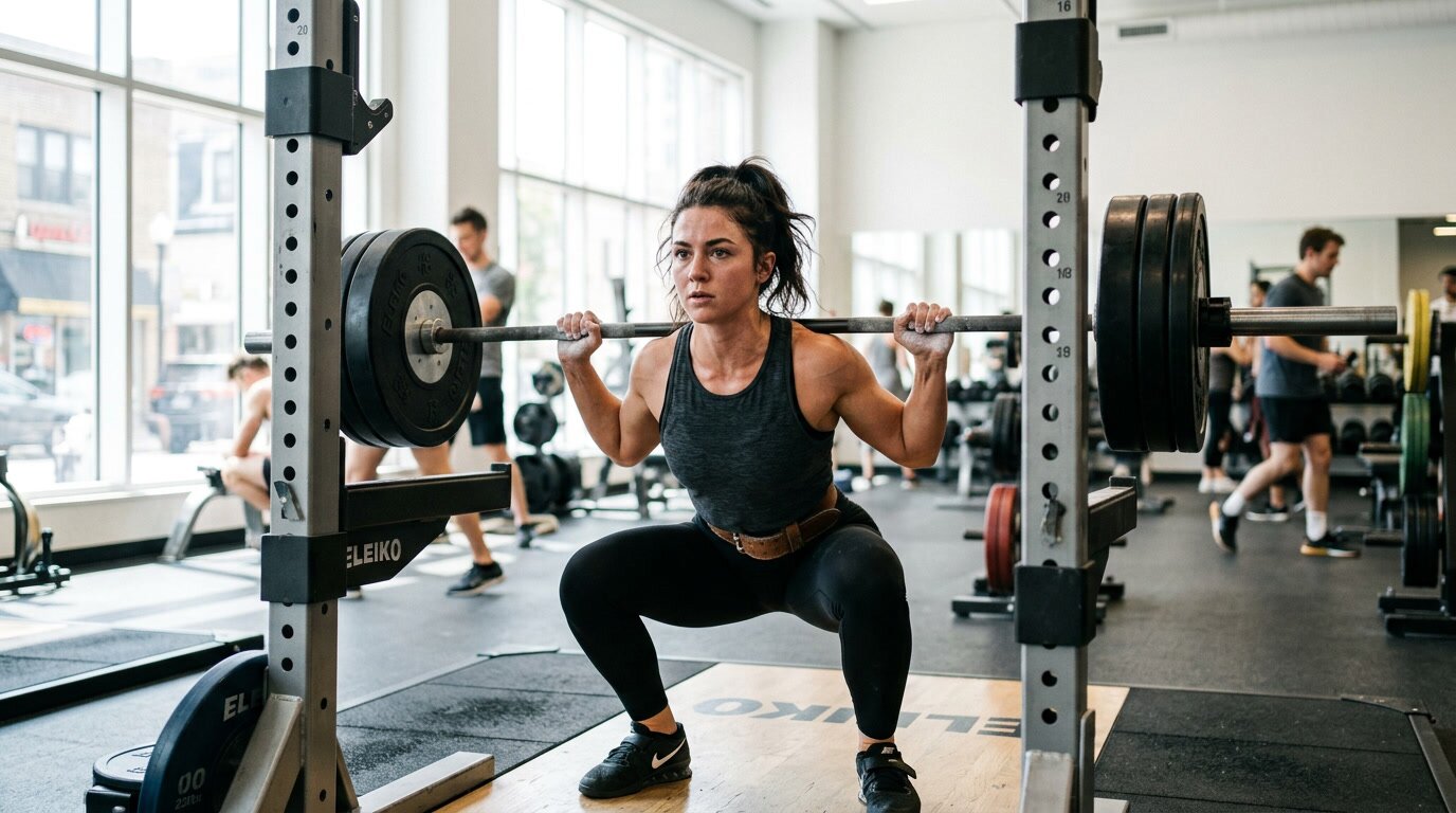 Frau macht schwere Kniebeuge mit der Langhantel im Fitnessstudio – Grundübung für den Muskelaufbau