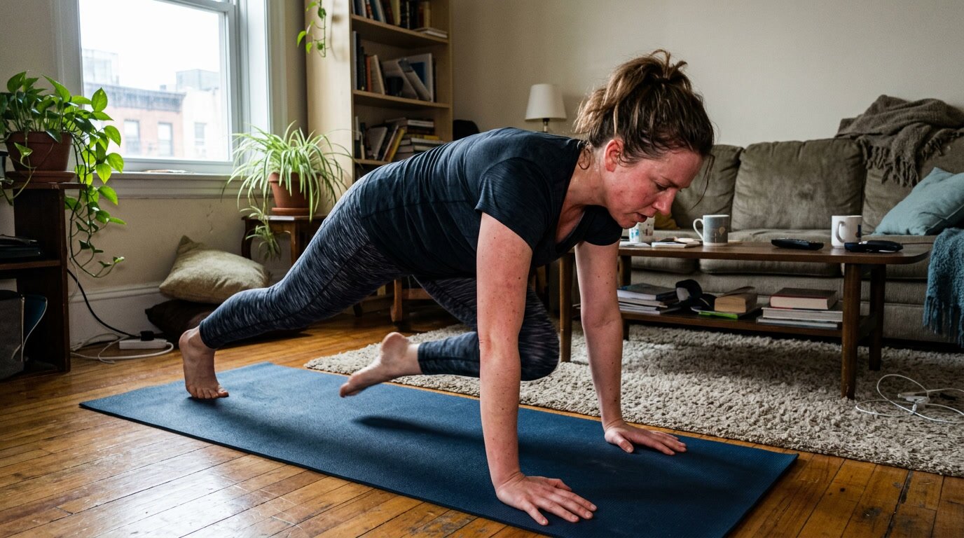 Frau macht Mountain Climbers auf der Yogamatte zuhause – Ausdauertraining ohne Geräte